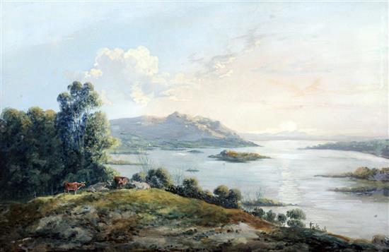 John la Porte (1761-1839) Lake in Ireland with cattle and figures fishing, 11 x 17in.